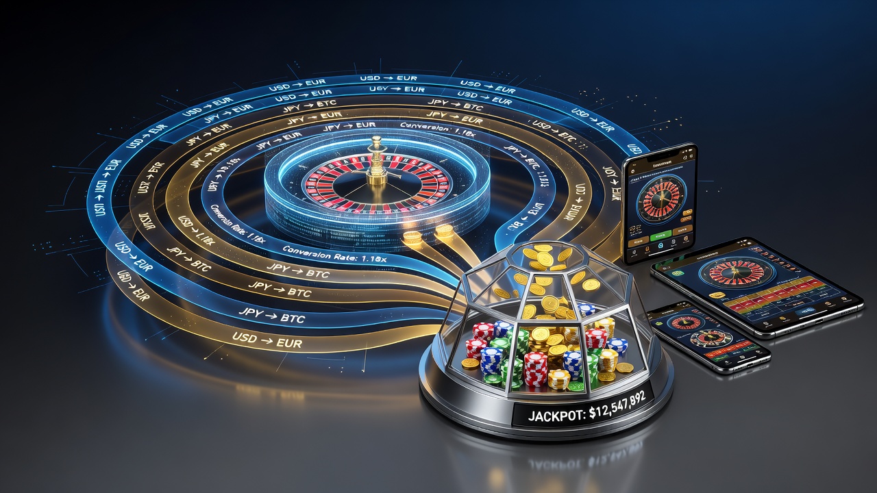 Diagram illustrating currency conversion flow into shared mobile roulette jackpot pools