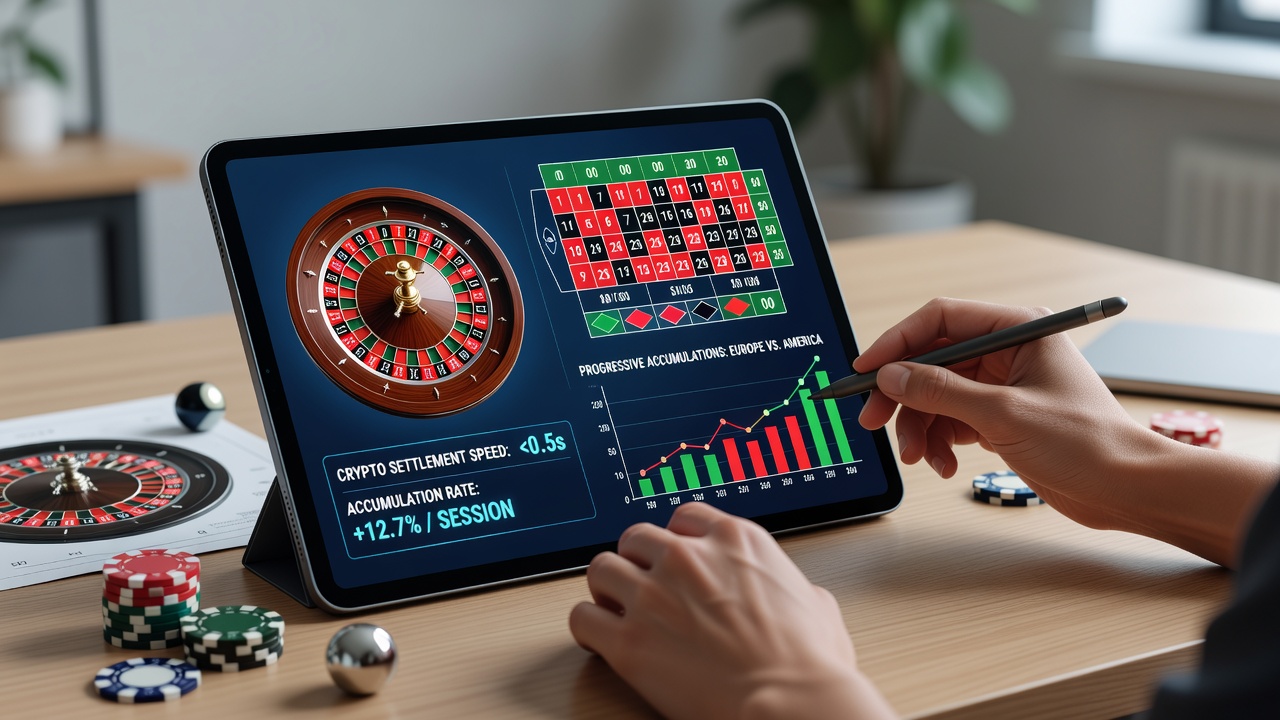 Tablet displaying European and American roulette interfaces with cryptocurrency transaction indicators