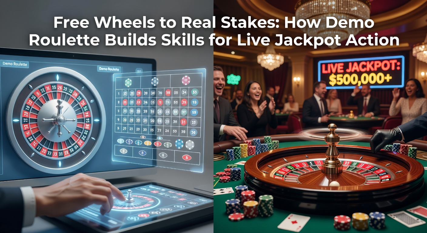 A vibrant roulette wheel spinning in demo mode on a digital screen, with colorful chips stacked nearby representing practice bets