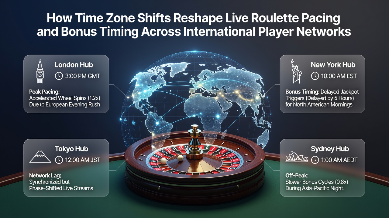 Global map overlay showing roulette player connections across time zones with highlighted bonus activation clusters